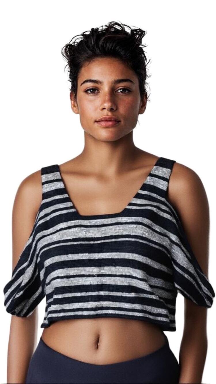 MORGAN CARPER Black & Gray Woven Boucle Knit Stripe Open Cold Shoulder Top